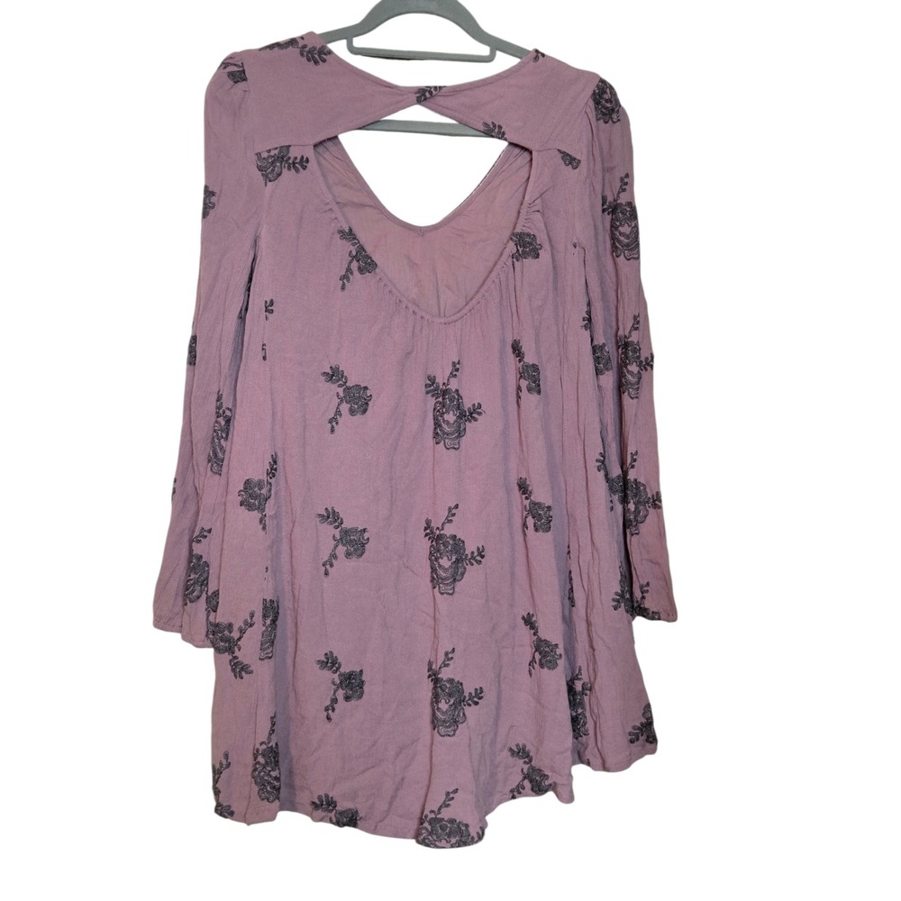Free People Austin Embroidered Mini Dress Mauve Purple Boho Tunic Open Back LS